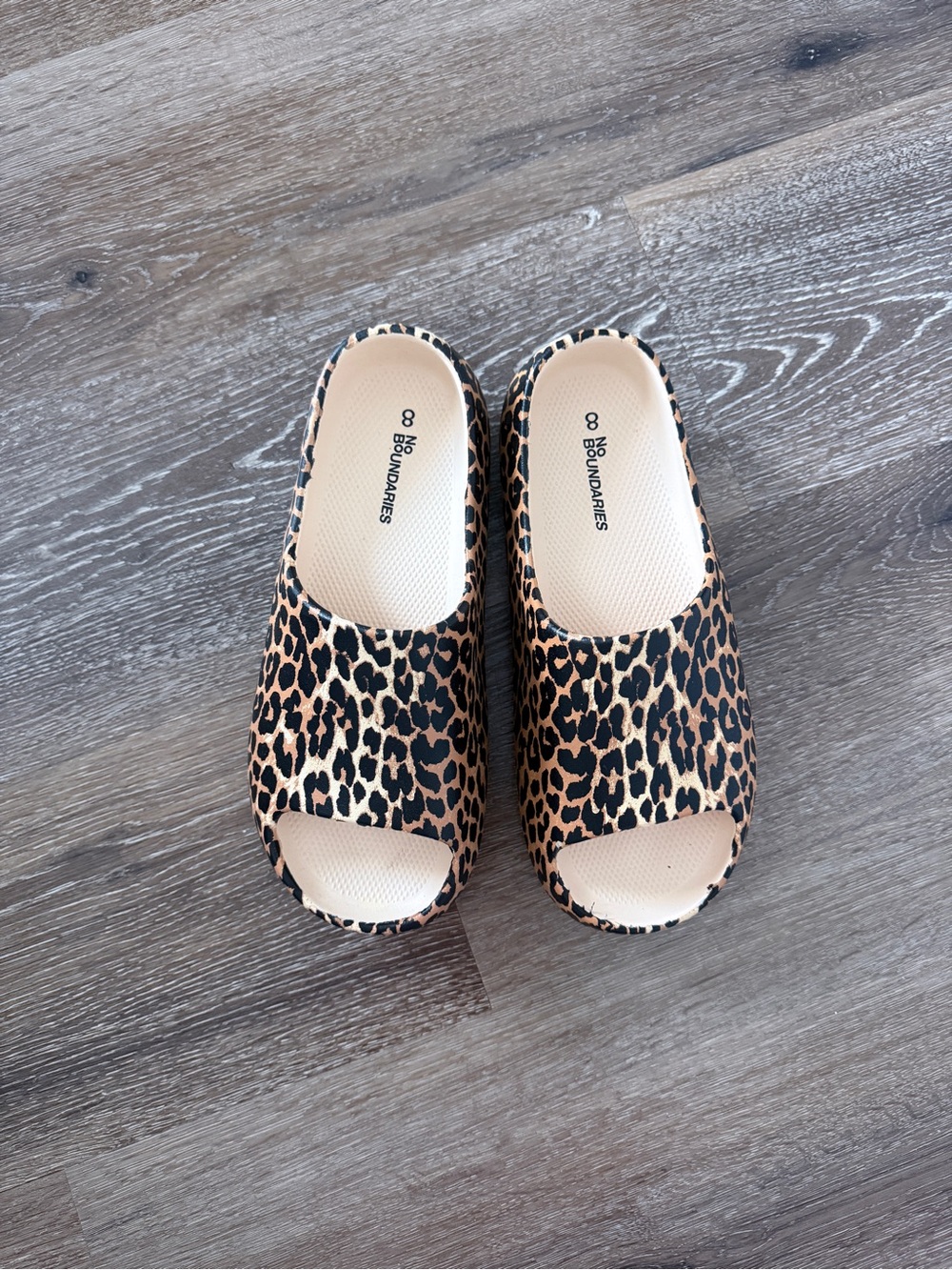 No Boundaries Leopard Slide Sandals in Beige and Black